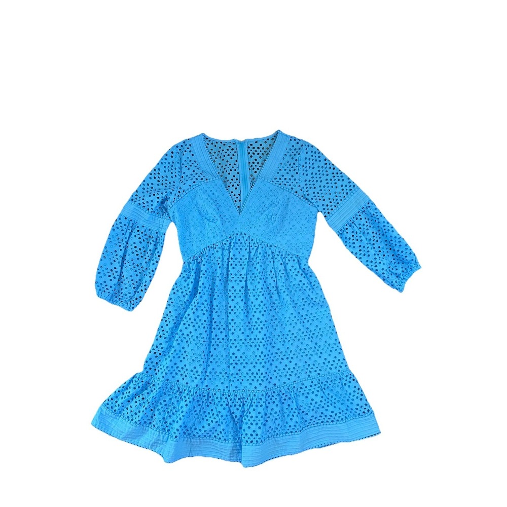 Lilly Pulitzer Lucinda Blue Cotton Eyelet V‎ Neck Dress 3/4 Sleeves Size 2 Mini